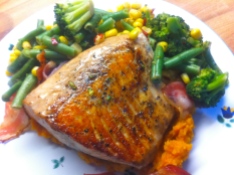 Salmon, sweet potatoes, & fresh veggies jazzed up by a recipe from my Jamie Oliver cookbook; only took 30 mins & it was delicious!